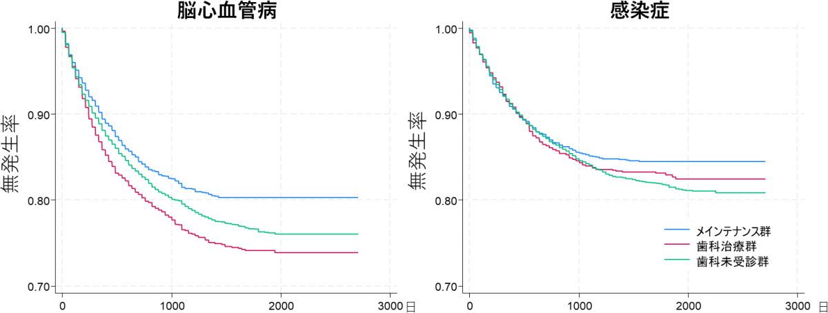 歯科受診状況別脳心血管病と感染症の無発生率の推移
