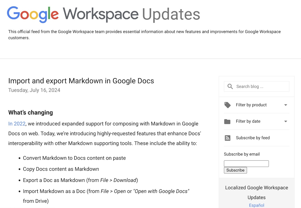 Google Workspace Updates: Import and export Markdown in Google Docs