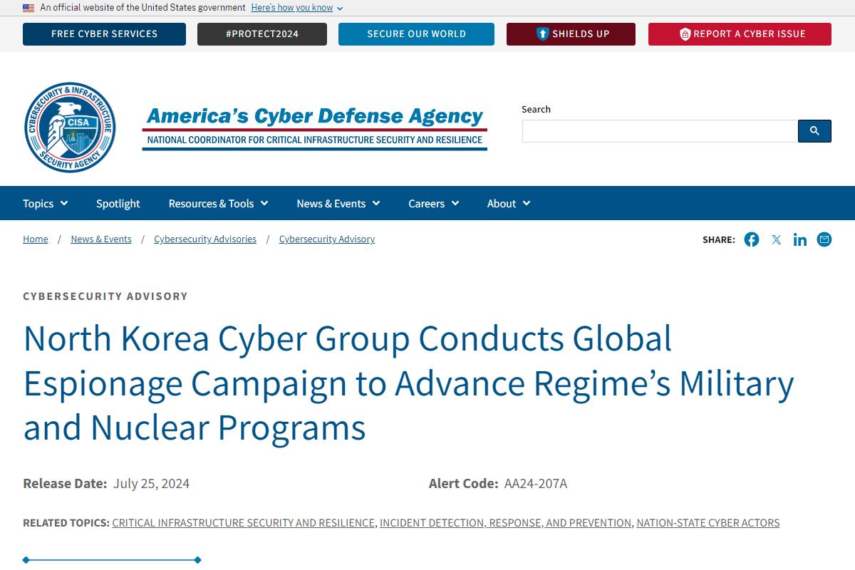 North Korea Cyber Group Conducts Global Espionage Campaign to Advance Regime’s Military and Nuclear Programs｜CISA