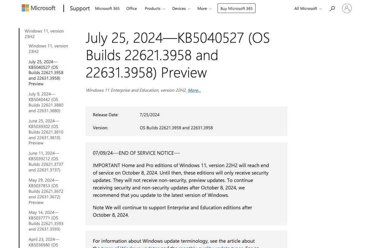 July 25、2024—KB5040527 (OS Builds 22621.3958 and 22631.3958) Preview  - Microsoft Support