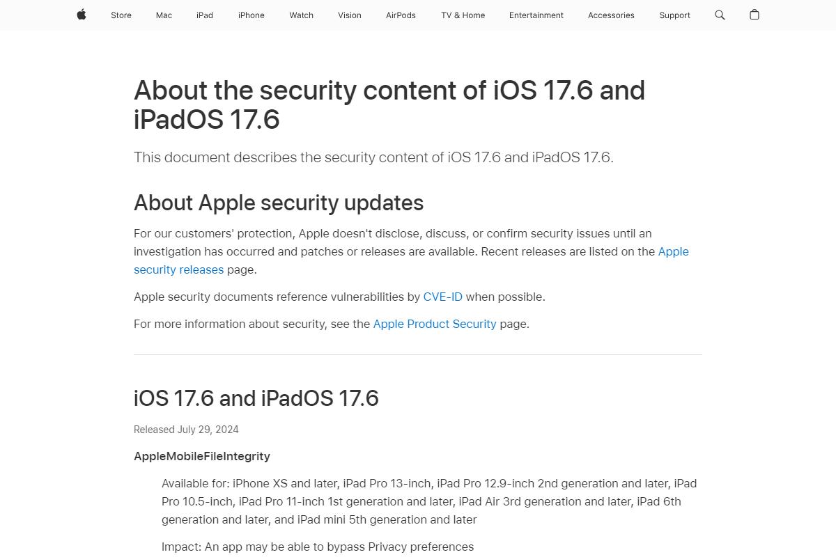About the security content of iOS 17.6 and iPadOS 17.6 - Apple Support