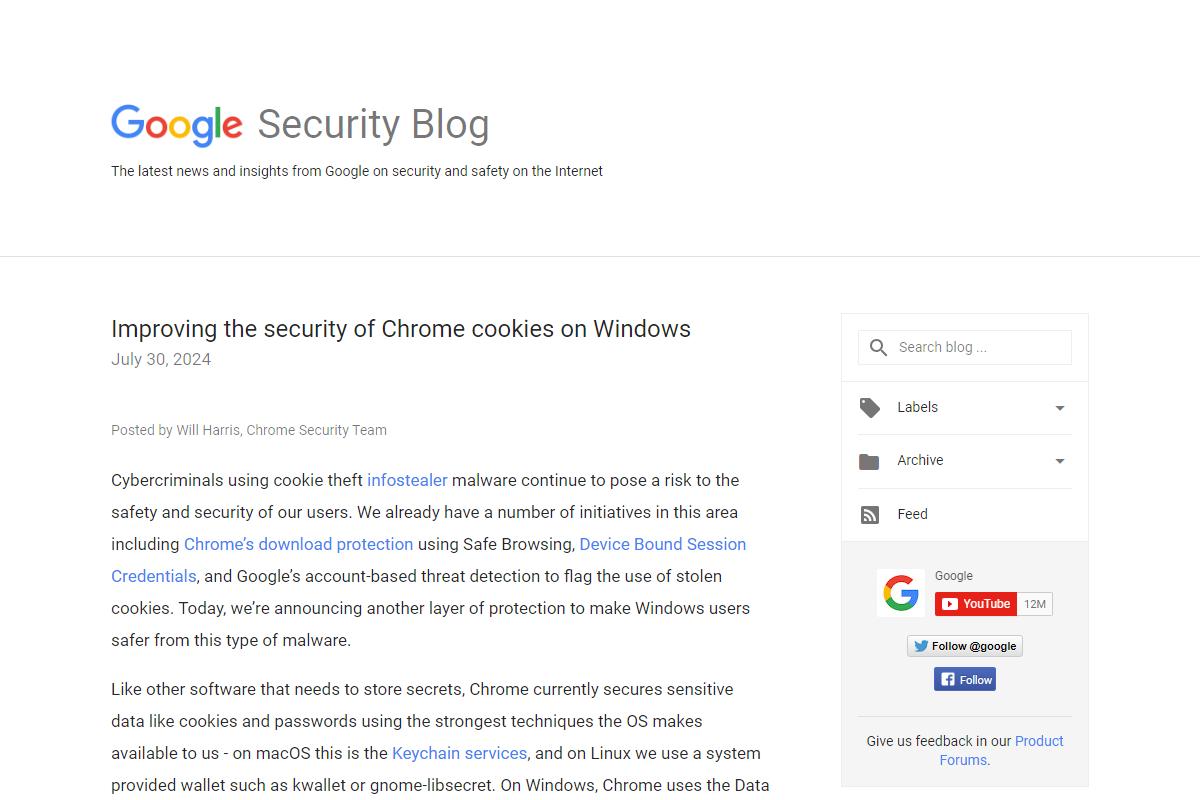 Google Online Security Blog: Improving the security of Chrome cookies on Windows