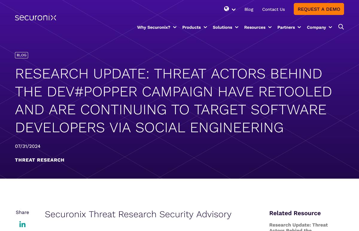 Research Update: Threat Actors Behind the DEV#POPPER Campaign Have Retooled and are Continuing to Target Software Developers via Social Engineering - Securonix