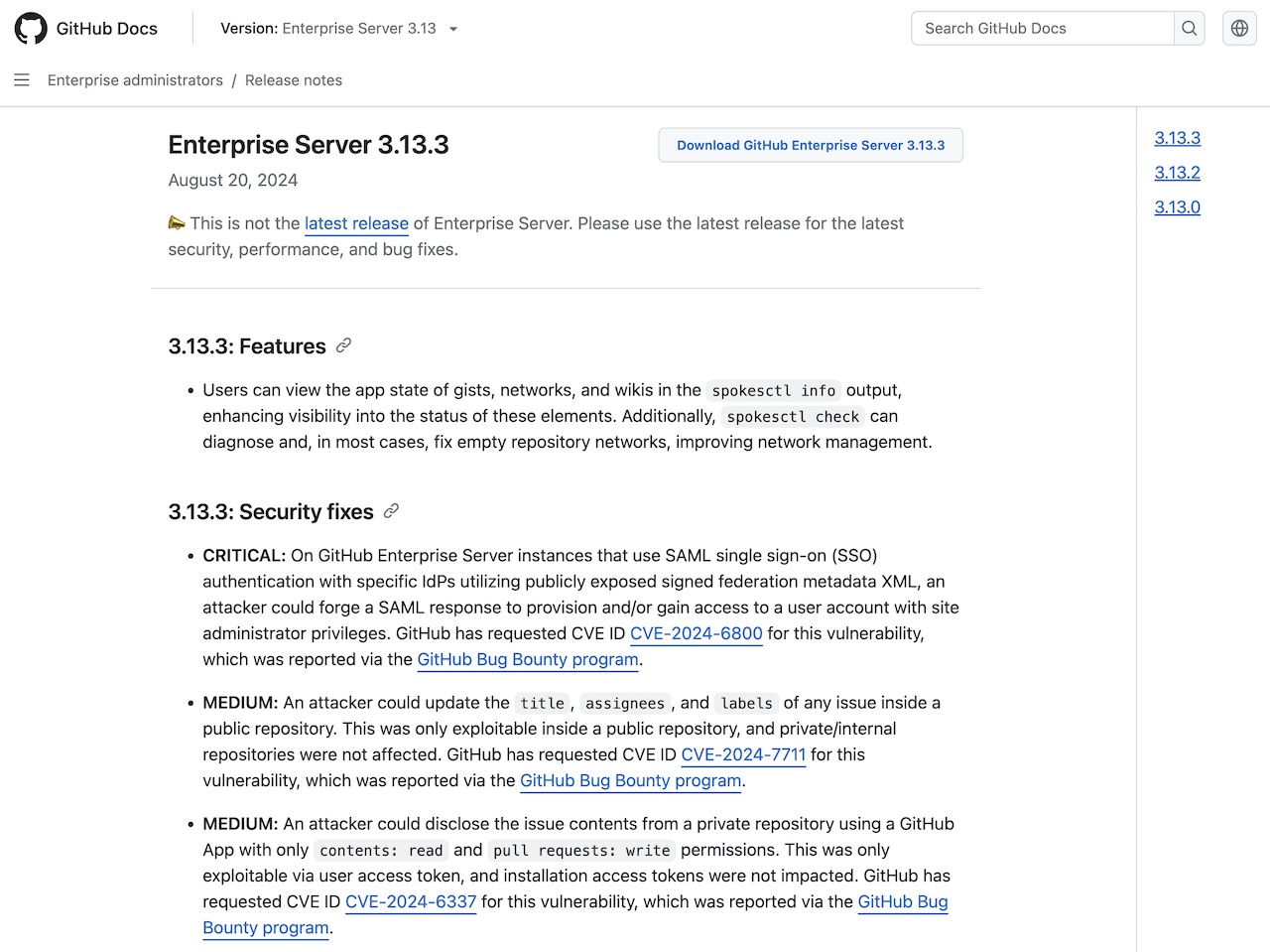 Release notes - GitHub Enterprise Server 3.13 Docs