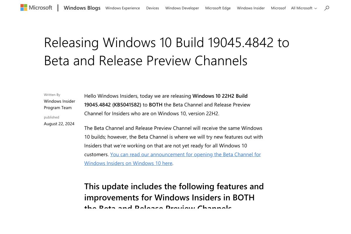 Releasing Windows 10 Build 19045.4842 to Beta and Release Preview Channels｜Windows Insider Blog