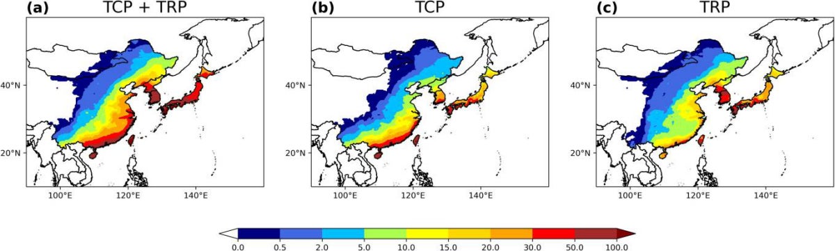 東アジア全域の夏季(7～9月)平均の台風による降水量の空間分布