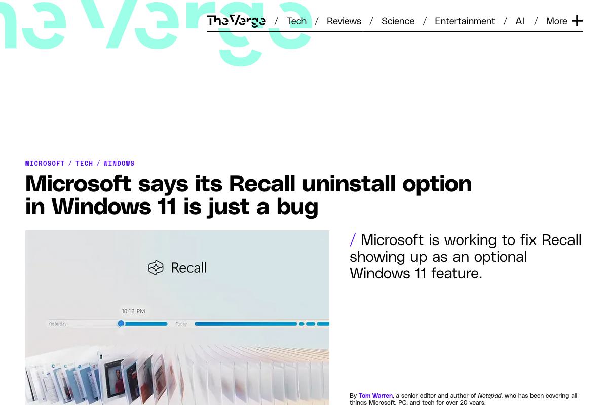 Microsoft says its Recall uninstall option in Windows 11 is just a bug - The Verge