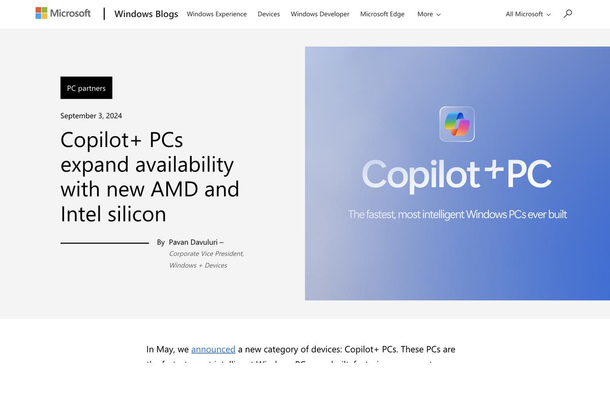 Copilot+ PCs expand availability with new AMD and Intel silicon｜Windows Experience Blog