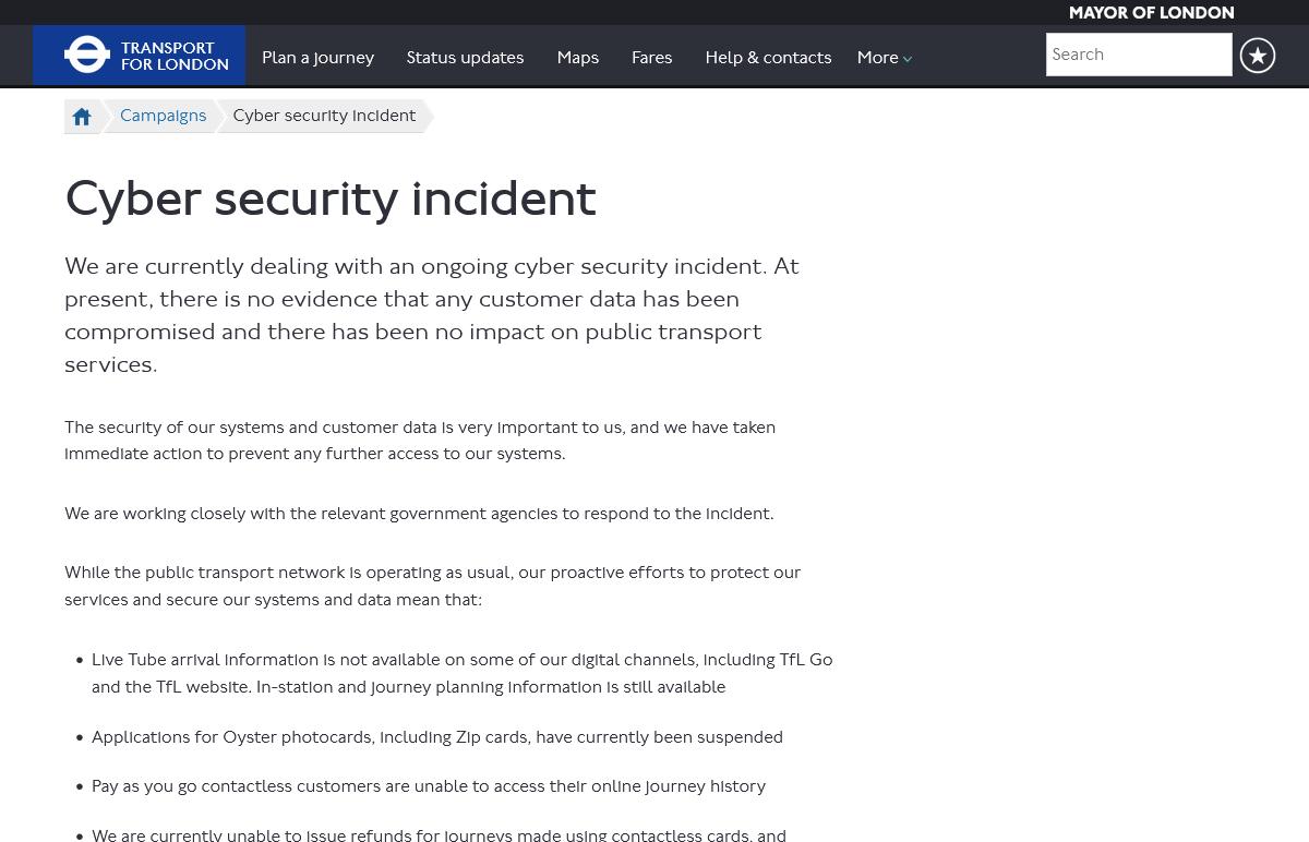 Cyber security incident - Transport for London