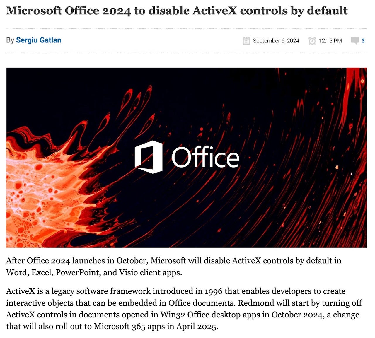 Microsoft Office 2024 to disable ActiveX controls by default