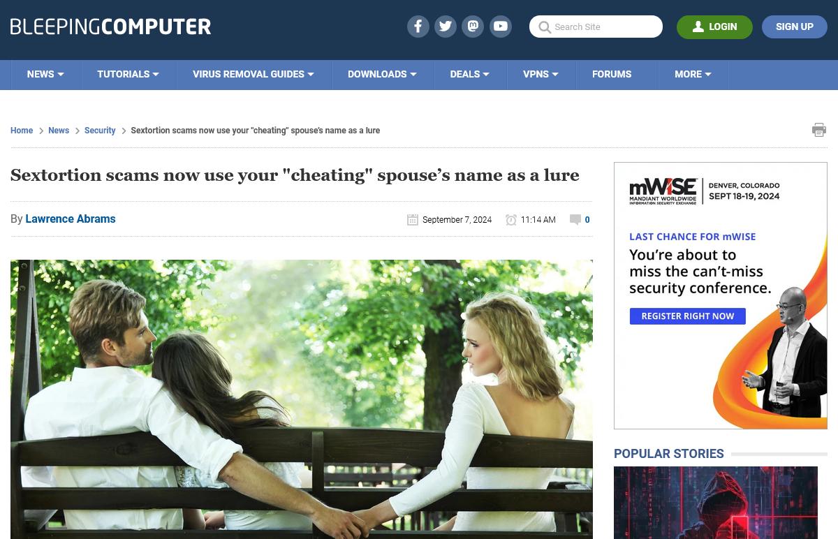 Sextortion scams now use your "cheating" spouse’s name as a lure