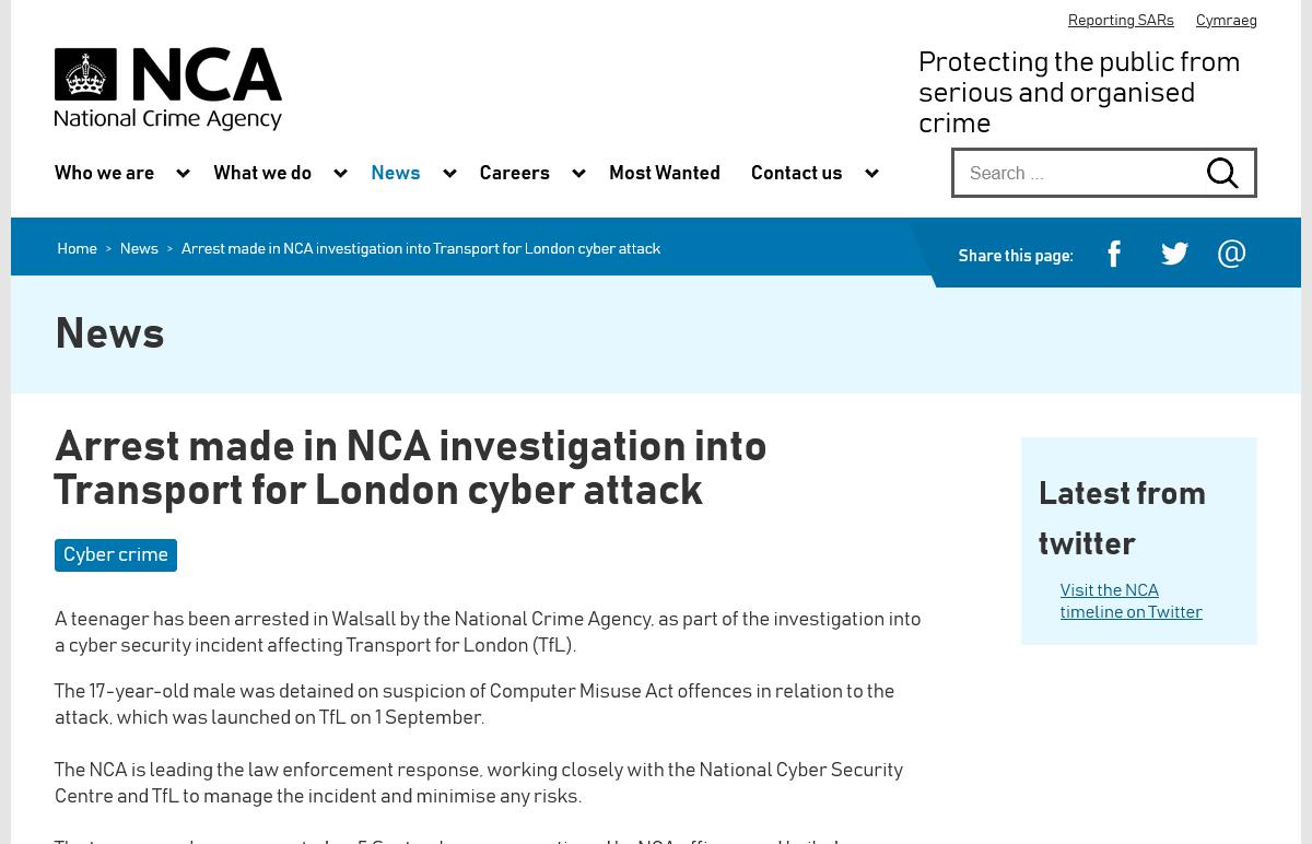 Arrest made in NCA investigation into Transport for London cyber attack - National Crime Agency