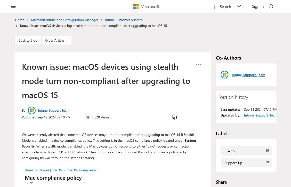 Known issue: macOS devices using stealth mode turn non-compliant after upgrading to macOS 15 - Microsoft Community Hub