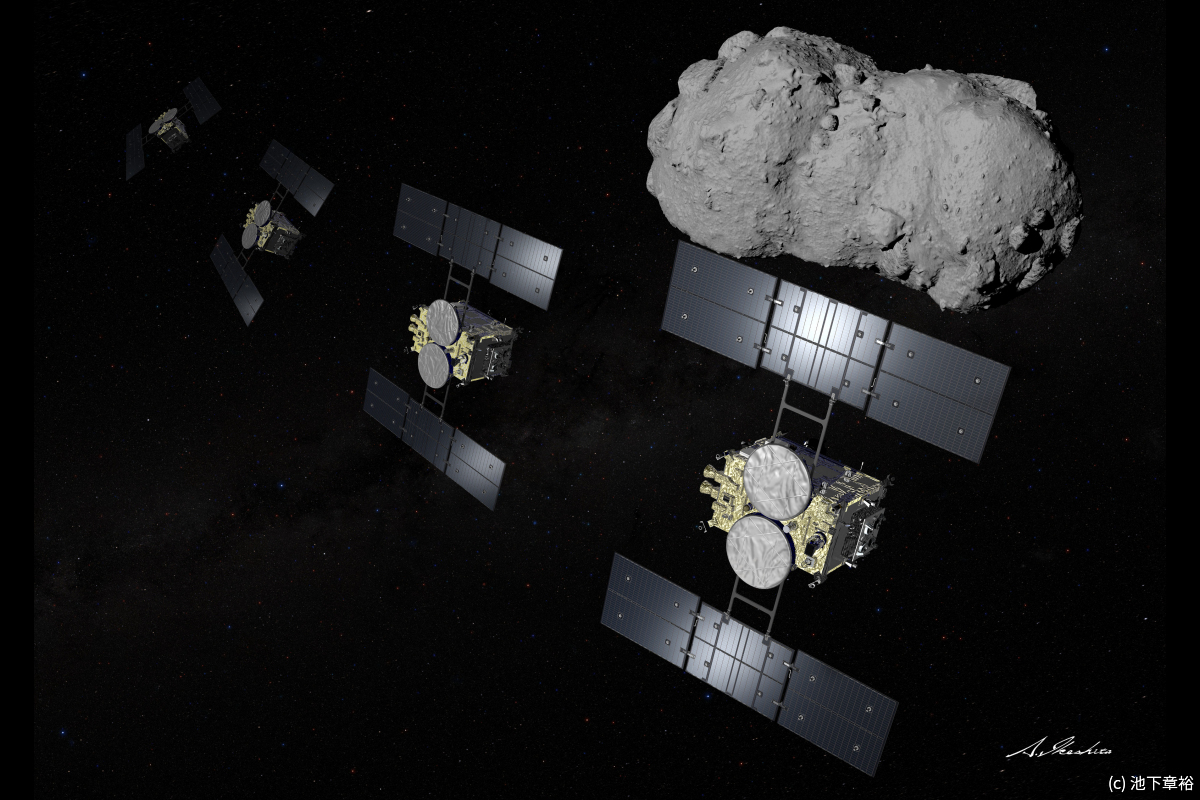 正式名称がトリフネと決定した小惑星2001 CC21の近傍をフライバイ観測するはやぶさ2のイメージ