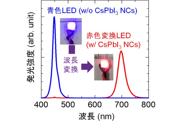 青色LED上にペロブスカイトナノ結晶膜を形成した高輝度赤色変換LED、山形大が開発