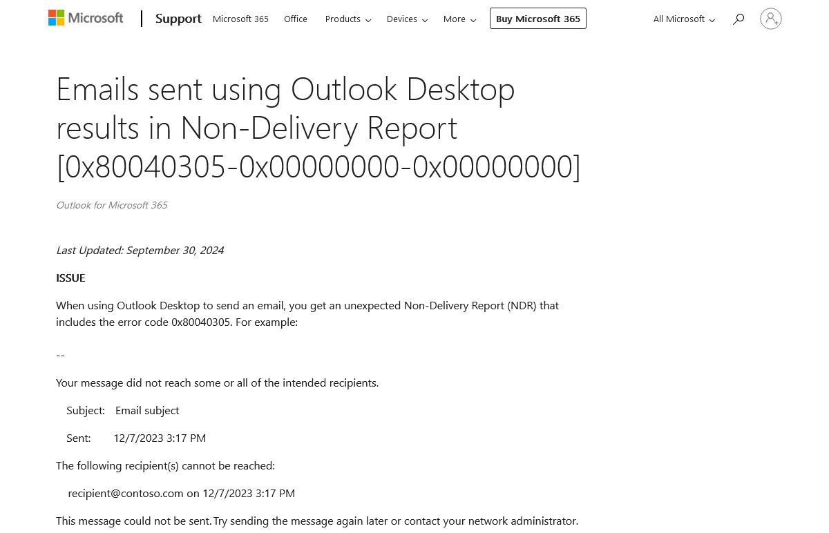 Emails sent using Outlook Desktop results in Non-Delivery Report [0x80040305-0x00000000-0x00000000] - Microsoft Support