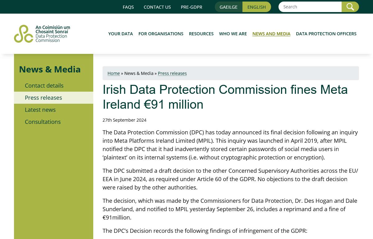 Irish Data Protection Commission fines Meta Ireland €91 million｜27/09/2024｜Data Protection Commission