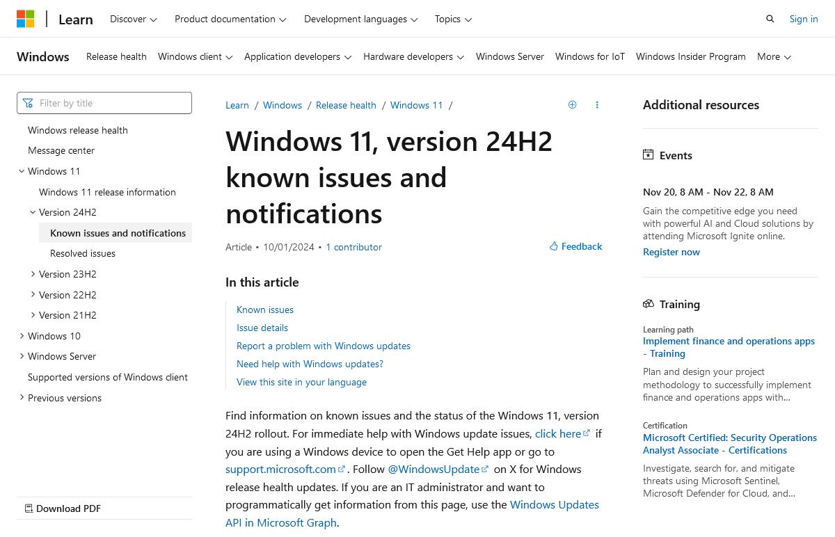 Windows 11、version 24H2 known issues and notifications｜Microsoft Learn