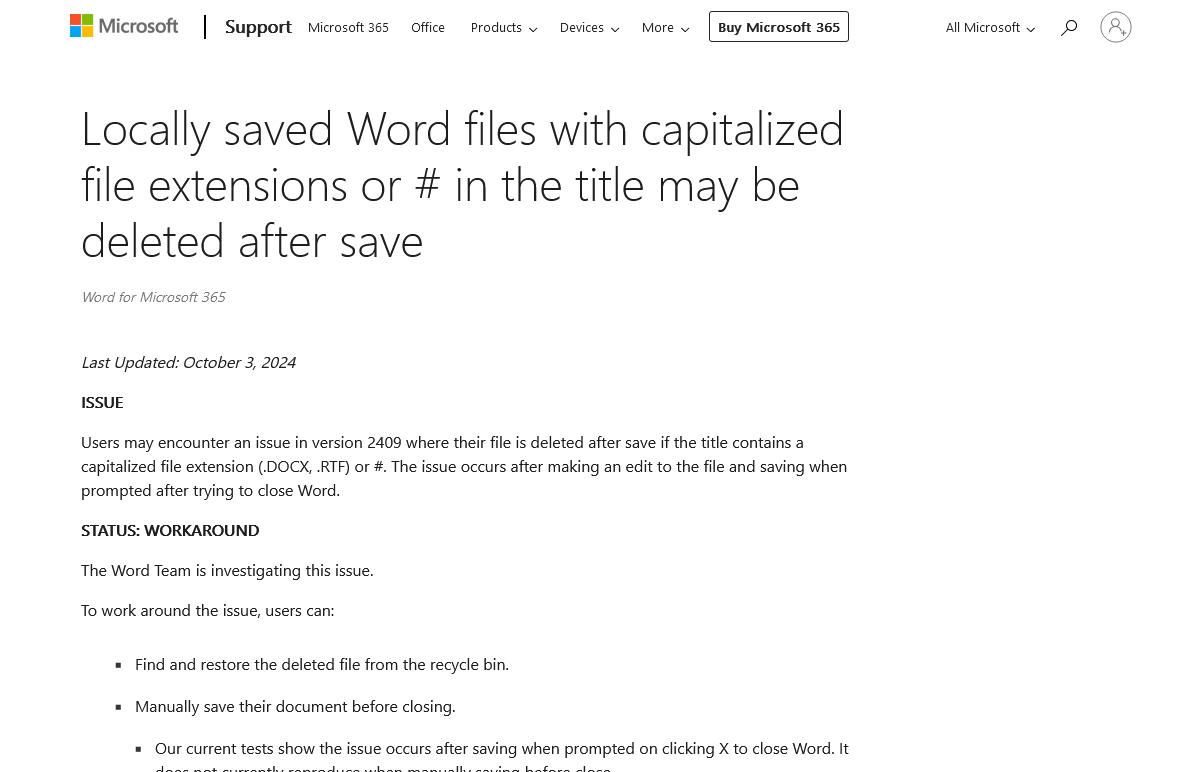 Locally saved Word files with capitalized file extensions or # in the title may be deleted after save - Microsoft Support