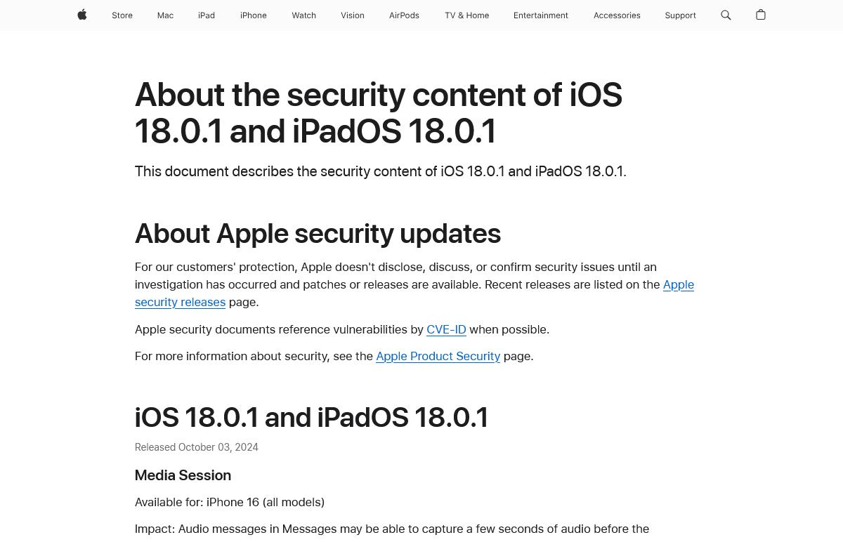 About the security content of iOS 18.0.1 and iPadOS 18.0.1 - Apple Support