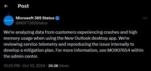 Outlookがクラッシュする不具合、軽減策公開 - Microsoft