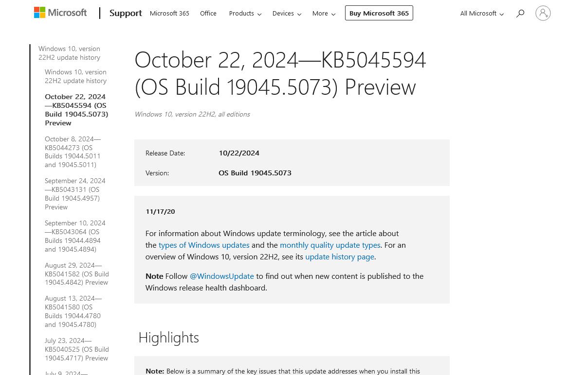 October 22、2024—KB5045594 (OS Build 19045.5073) Preview - Microsoft Support