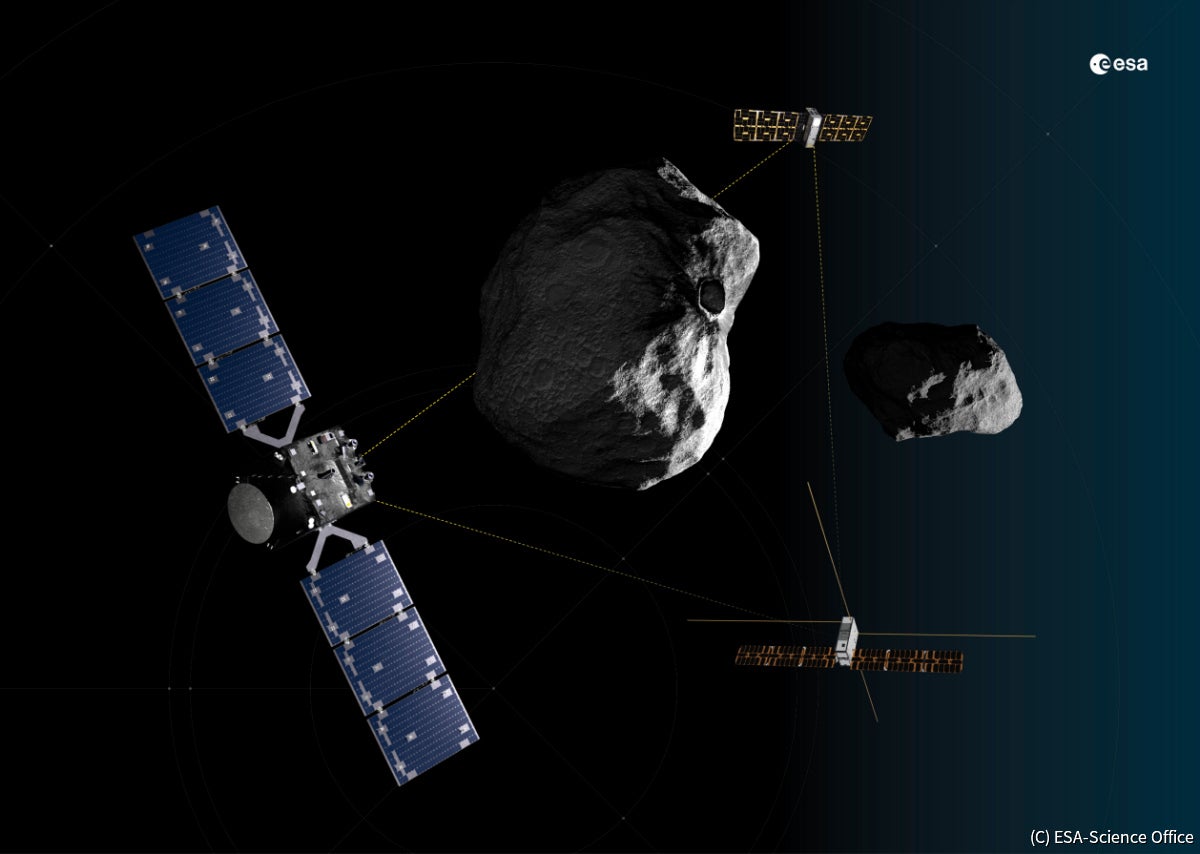 二重小惑星ディディモスとディモルフォスを探査する、探査機「ヘラ」と2機のキューブサットの想像図