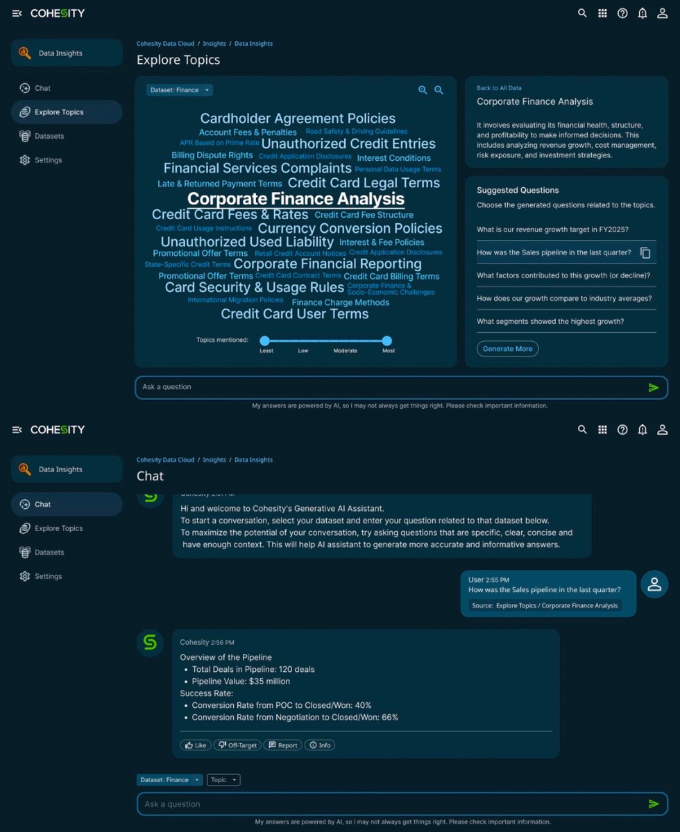 Cohesity Gaia は、検索拡張世代（RAG）AIとLLMを使用して、企業が生成したデータに含まれる情報をビジネスユーザーが活用できるよう支援する