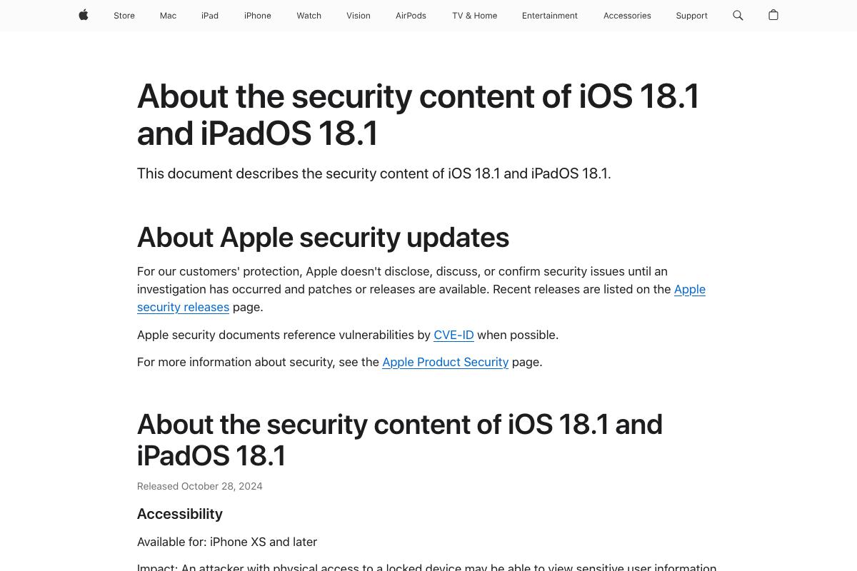 About the security content of iOS 18.1 and iPadOS 18.1 - Apple Support