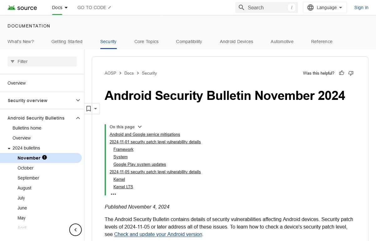 Android Security Bulletin November 2024  ｜  Android Open Source Project