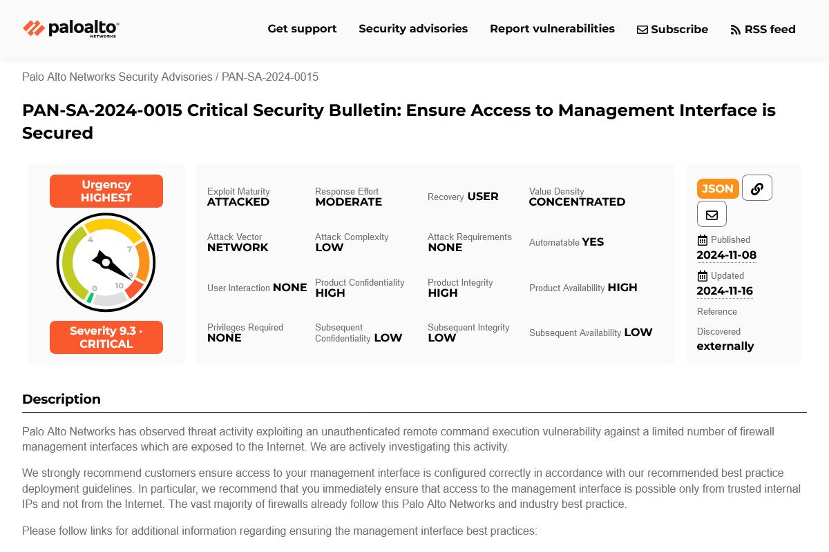 PAN-SA-2024-0015 Critical Security Bulletin: Ensure Access to Management Interface is Secured