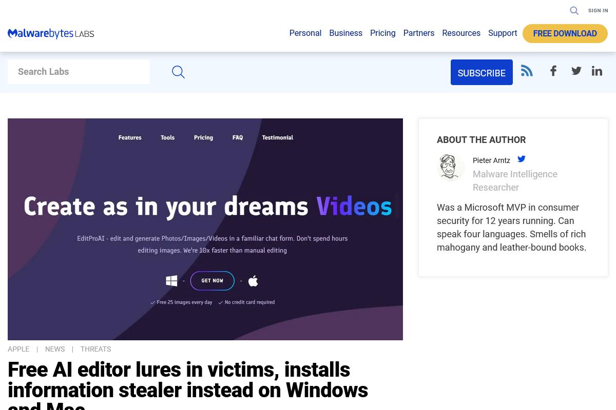 Free AI editor lures in victims、installs information stealer instead on Windows and Mac｜Malwarebytes