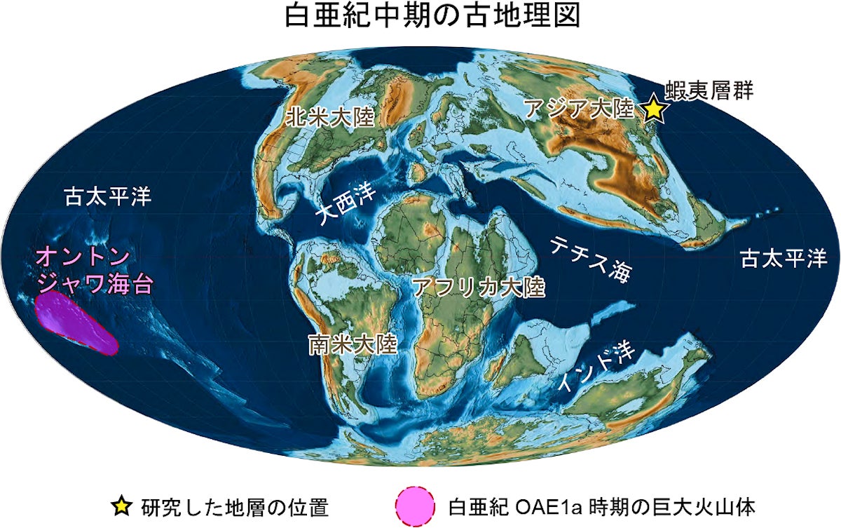 白亜紀の古地理図と検討した蝦夷層群と巨大火山体オントンジャワ海台の位置