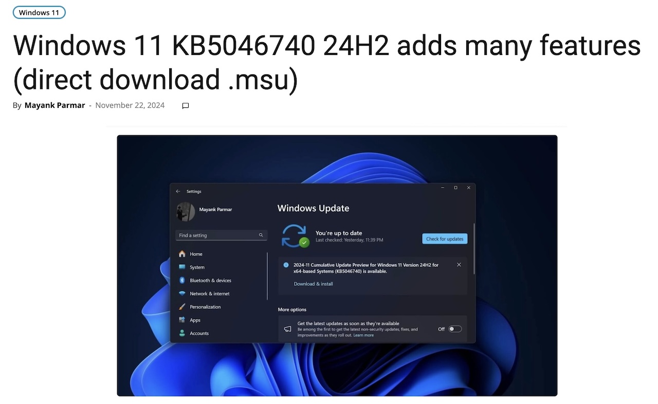 Windows 11 KB5046740 24H2 adds many features (direct download .msu)