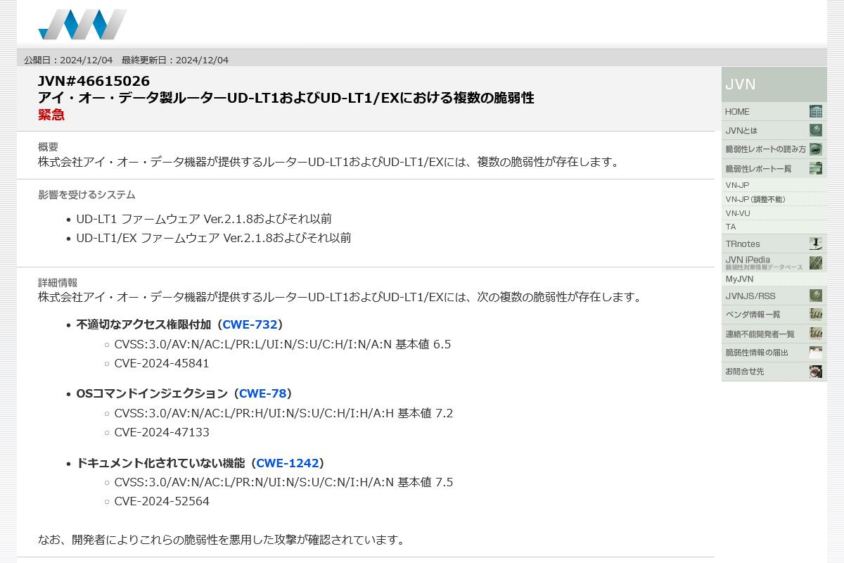 JVN#46615026: アイ・オー・データ製ルーターUD-LT1およびUD-LT1/EXにおける複数の脆弱性