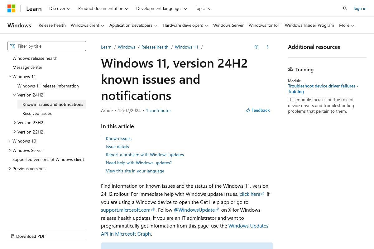 Windows 11、version 24H2 known issues and notifications｜Microsoft Learn