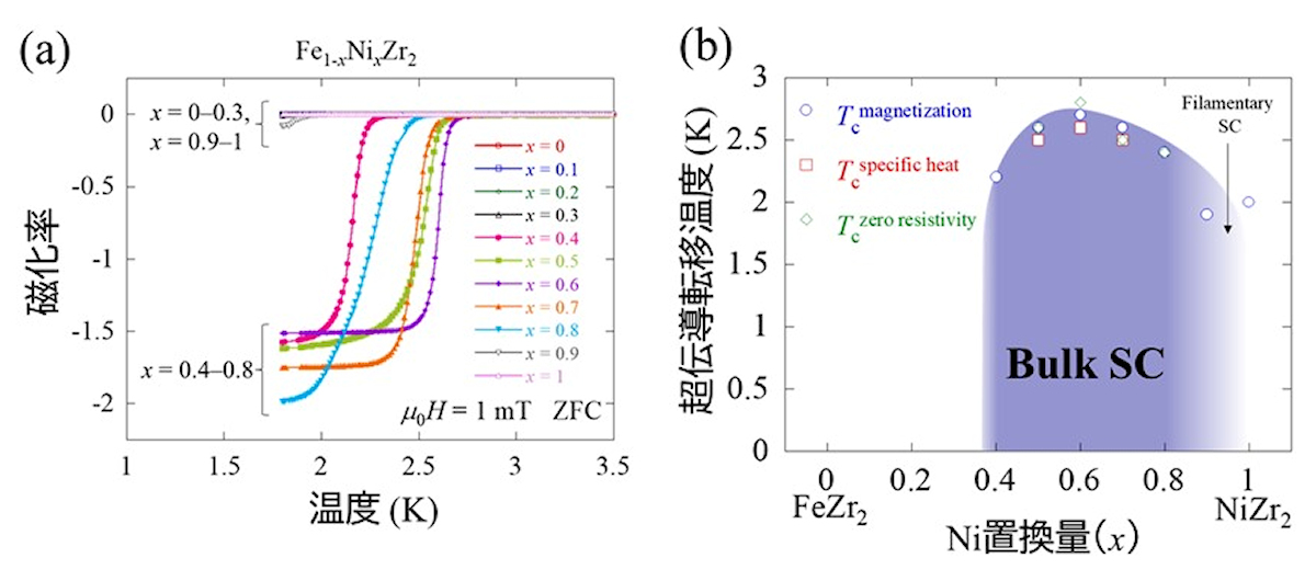 (a)磁化率の温度依存性。(b)超伝導転移温度のニッケル置換量依存性