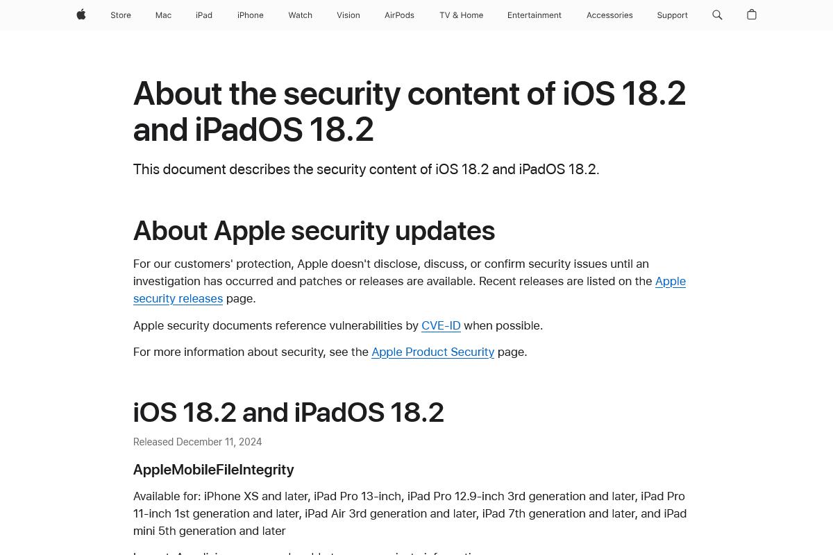 About the security content of iOS&nbsp;18.2 and iPadOS&nbsp;18.2 - Apple Support