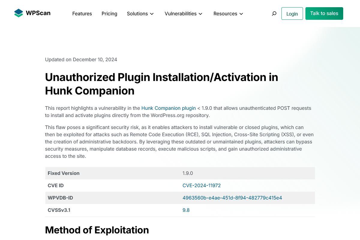 Unauthorized Plugin Installation/Activation in Hunk Companion｜WPScan