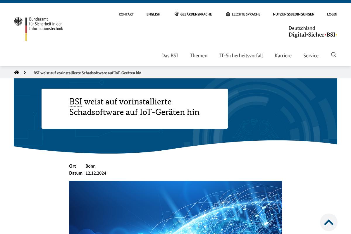 BSI  -  Bundesamt für Sicherheit in der Informationstechnik - BSI weist auf vorinstallierte Schadsoftware auf IoT-Geräten hin