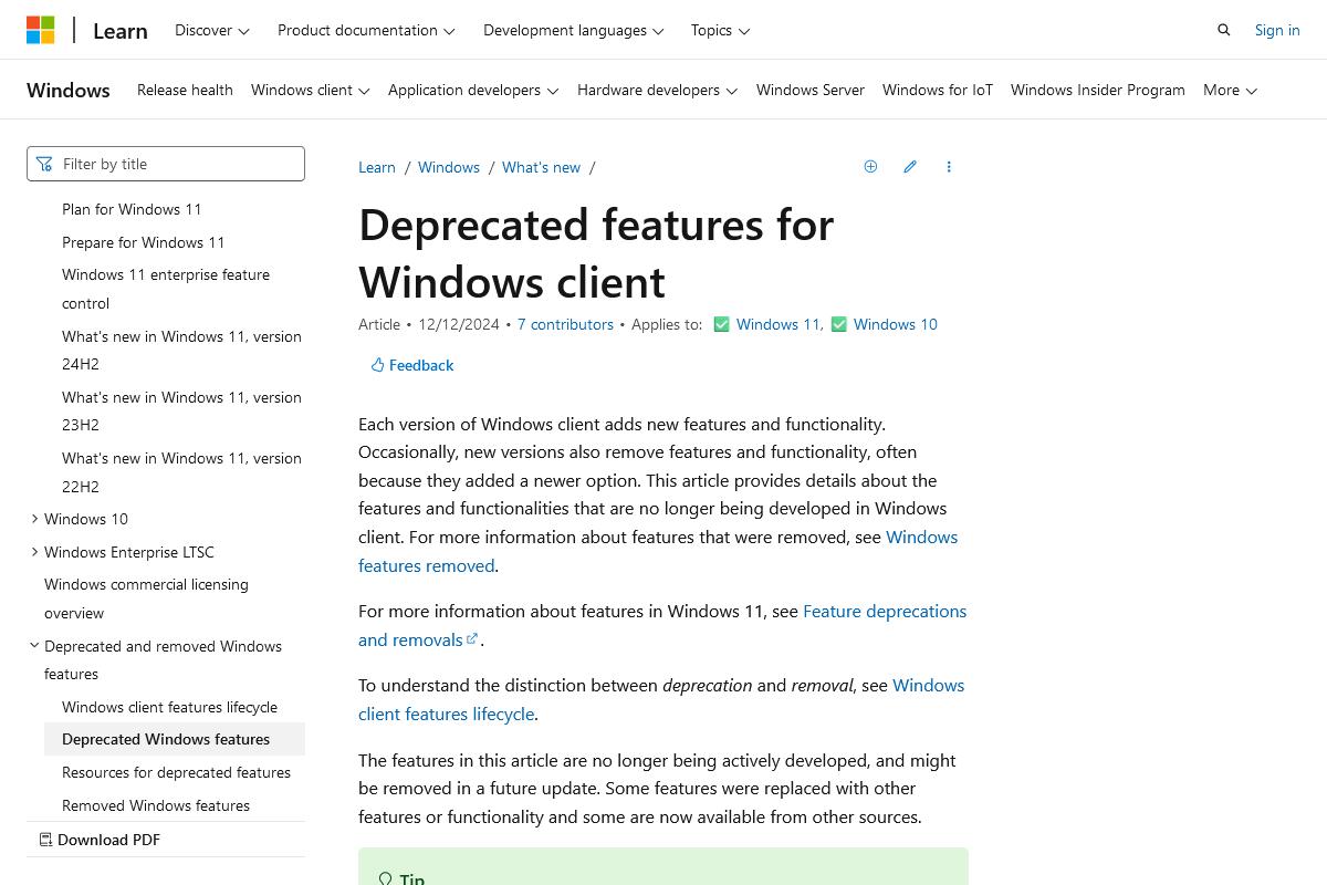 Deprecated features in the Windows client｜Microsoft Learn