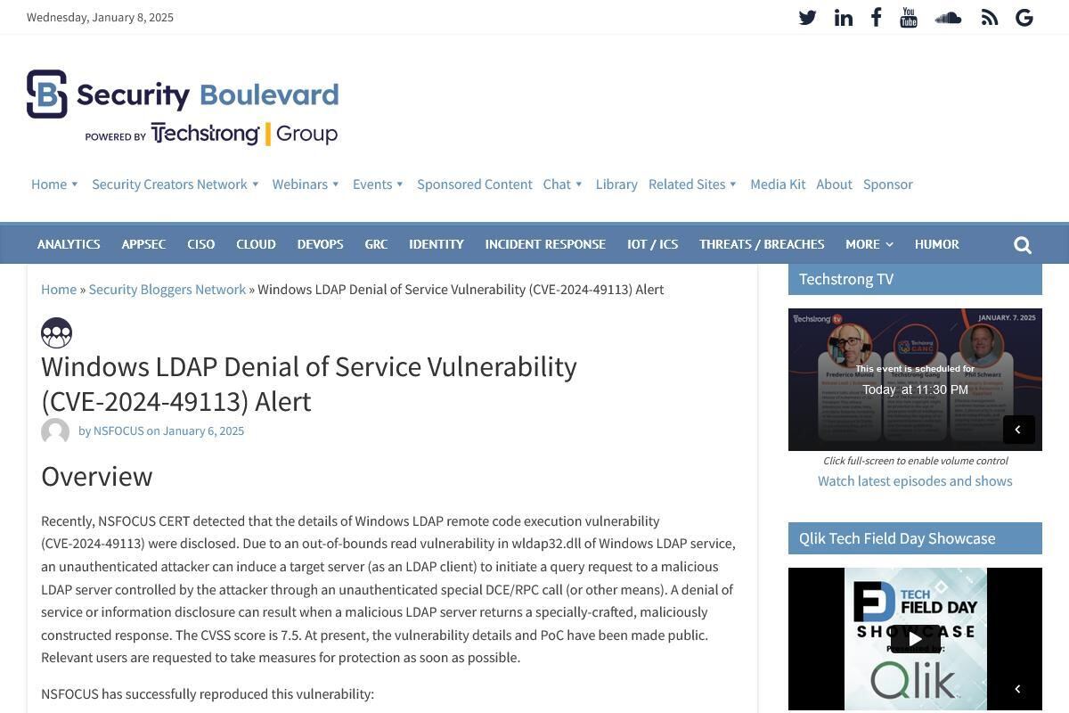 Windows LDAP Denial of Service Vulnerability (CVE-2024-49113) Alert - Security Boulevard