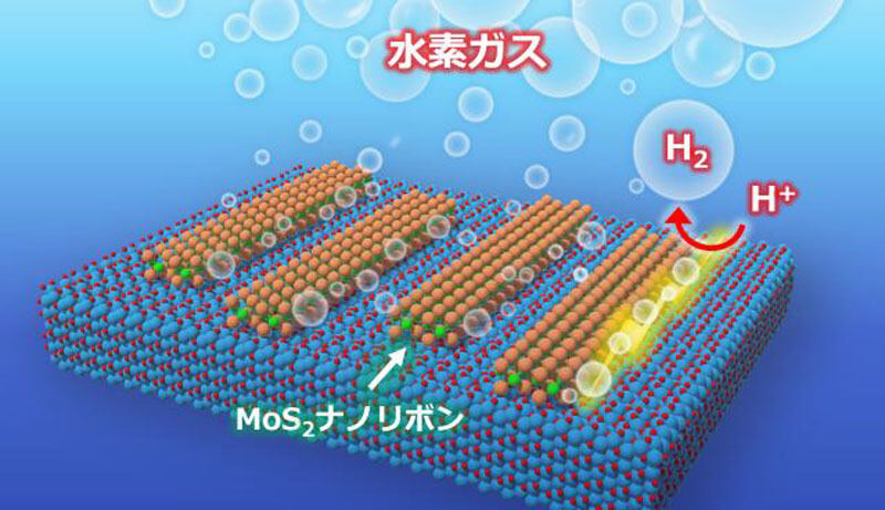 MoS2ナノリボンのエッジから電気化学反応によって水素ガスが発生するイメージ