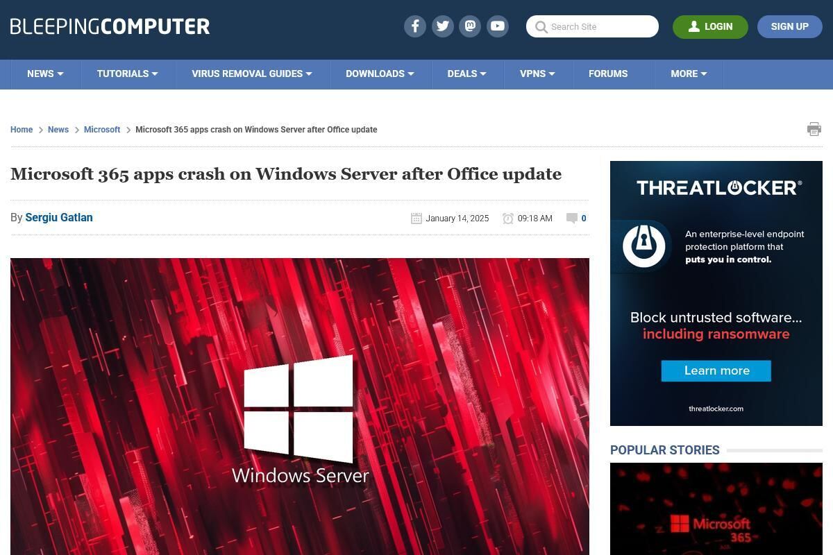 Microsoft 365 apps crash on Windows Server after Office update