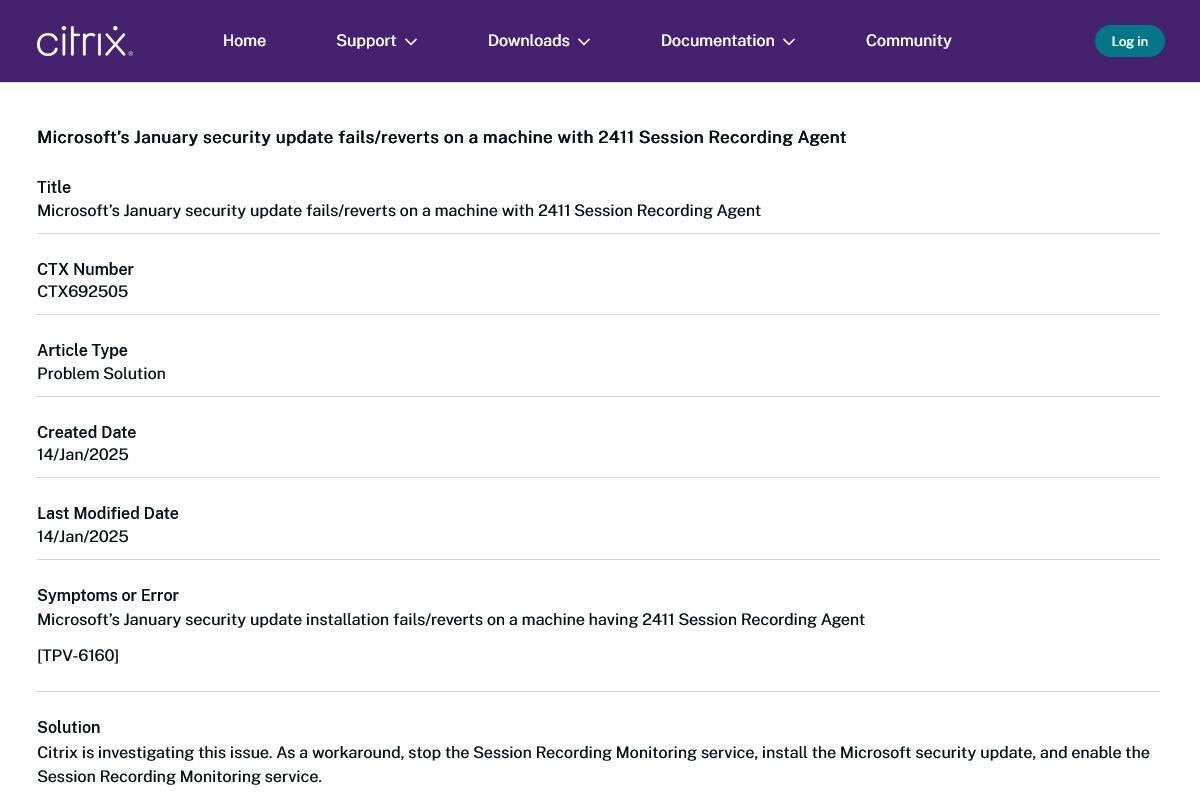 Microsoft’s January security update fails/reverts on a machine with 2411 Session Recording Agent
