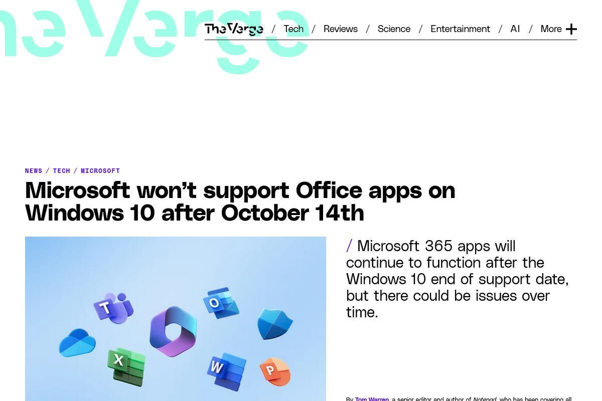 Microsoft won’t support Office apps on Windows 10 after October 14th - The Verge