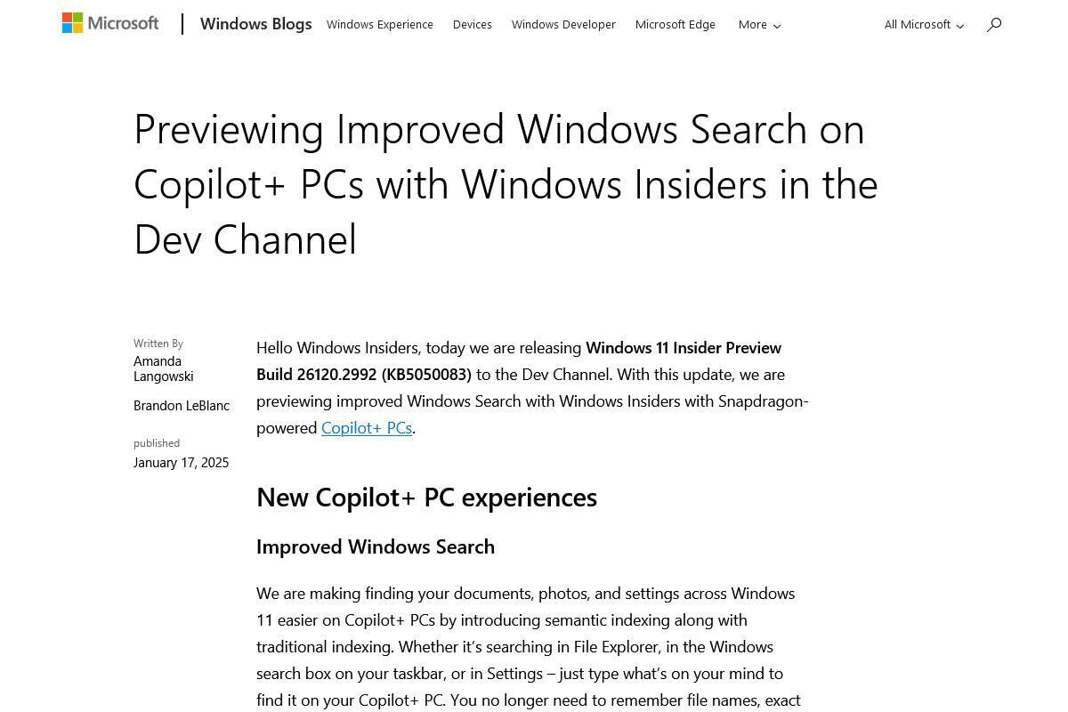 Previewing Improved Windows Search on Copilot+ PCs with Windows Insiders in the Dev Channel｜Windows Insider Blog