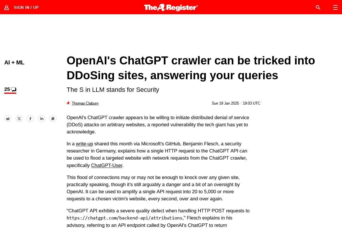 ChatGPT crawler flaw opens door to DDoS、prompt injection • The Register