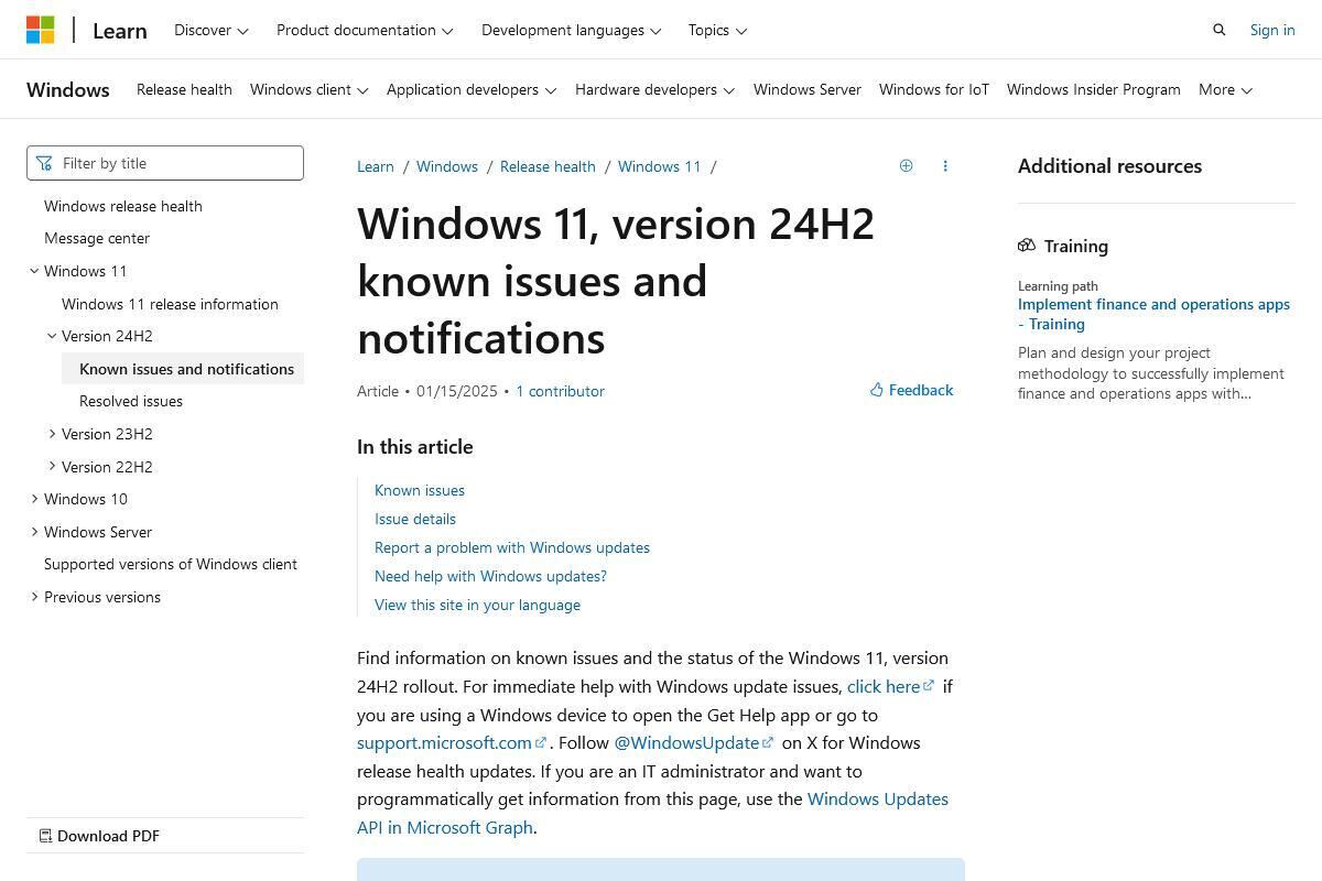 Windows 11、version 24H2 known issues and notifications｜Microsoft Learn