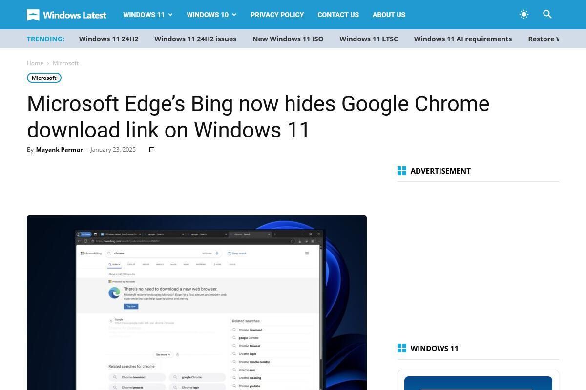 Microsoft Edge's Bing now hides Google Chrome download link on Windows 11